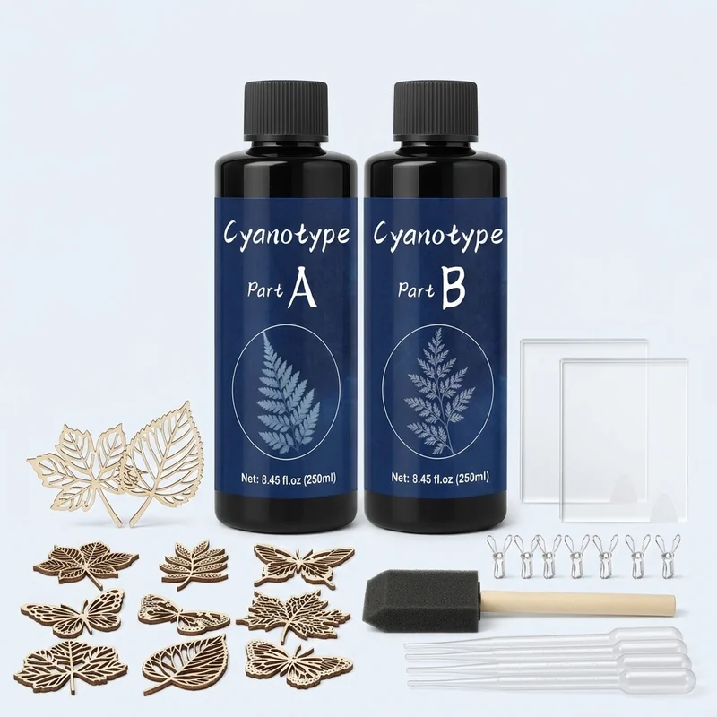 EIGTWEN cyanotype kit bottles with deep blue sun prints of ferns and leaves